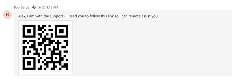 Screenshot of a Teams message showing the QR code after a user selects **Reveal QR code** to reveal it.