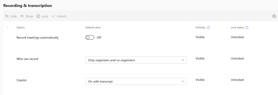 Screenshot of Teams recording policies for meeting templates in the Teams admin center.