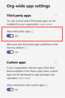 Screenshot showing the allow third party apps in Teams setting.