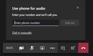 Screen shot of the Call me option on the Use phone for audio screen.