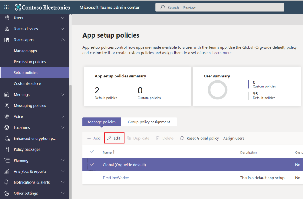 Screenshot of setup policies for Adobe Acrobat app in Teams admin center.