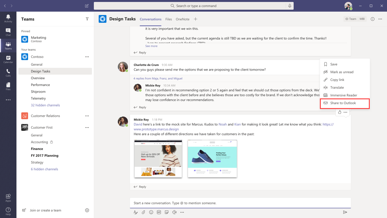Screenshot showing the Share to Outlook feature in Teams.