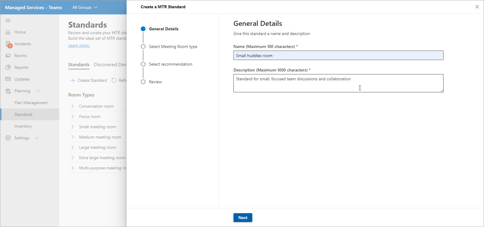 Screenshot of Standards Select Meeting Room type