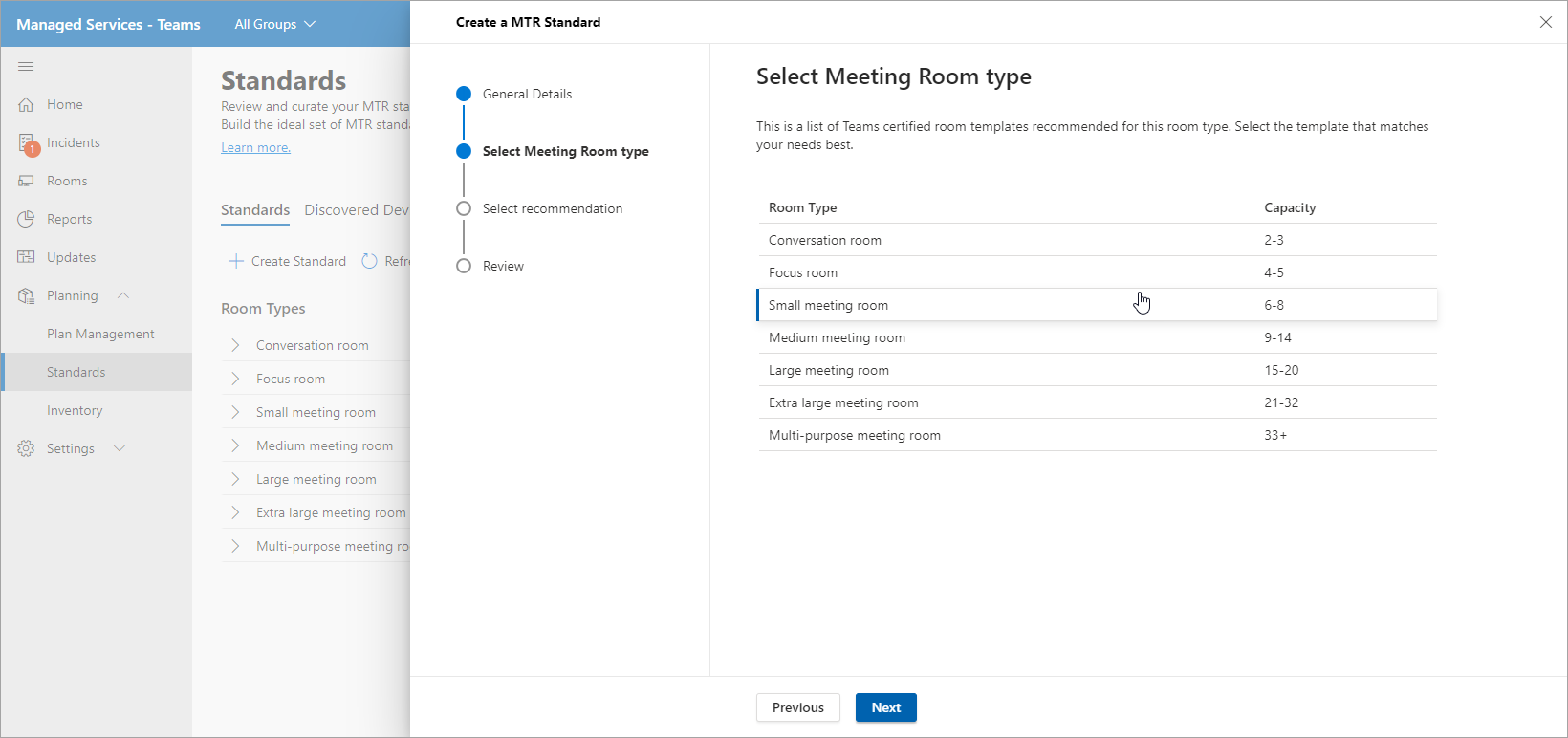 Screenshot of Standards Select Recommended devices