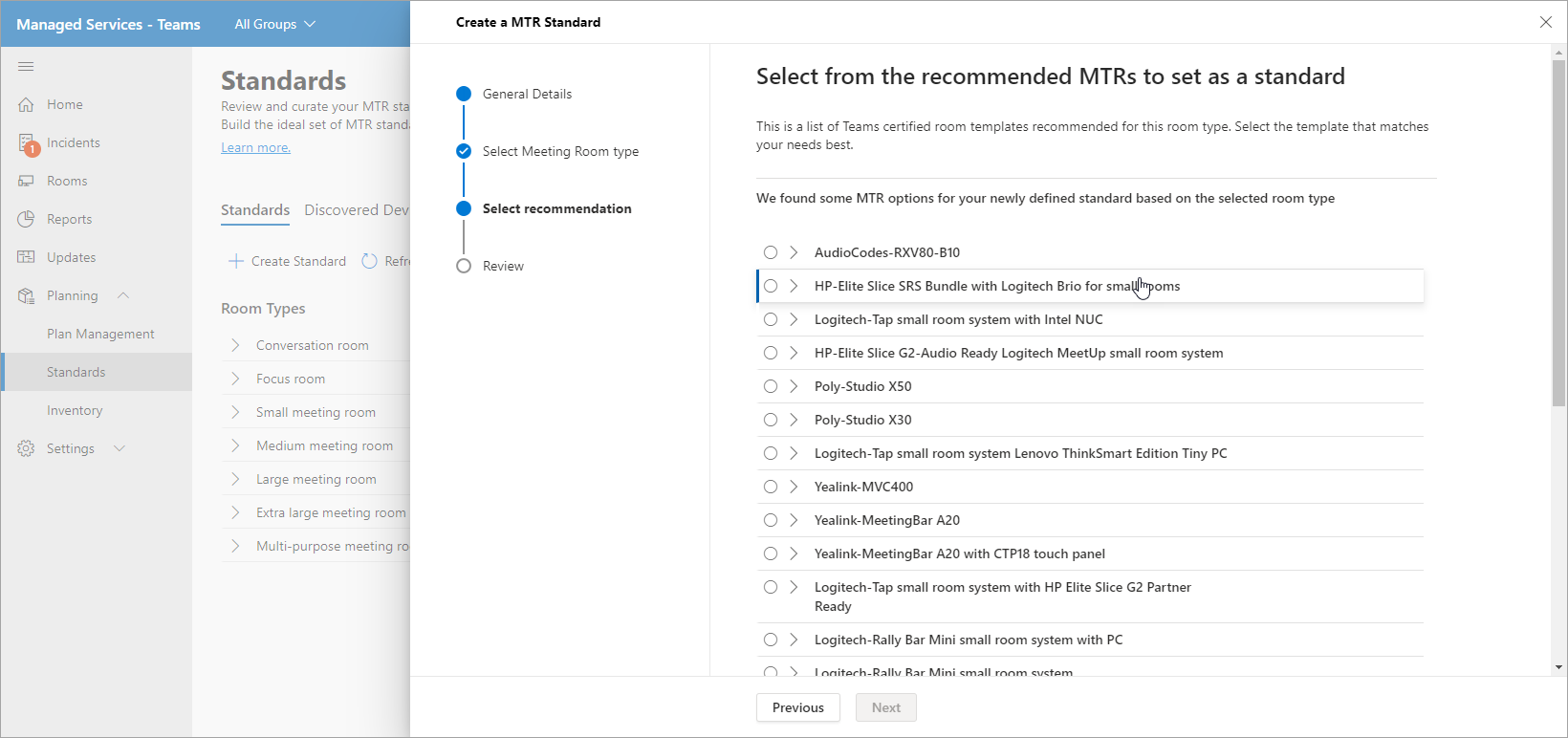 Screenshot of Select the Standard MTRs