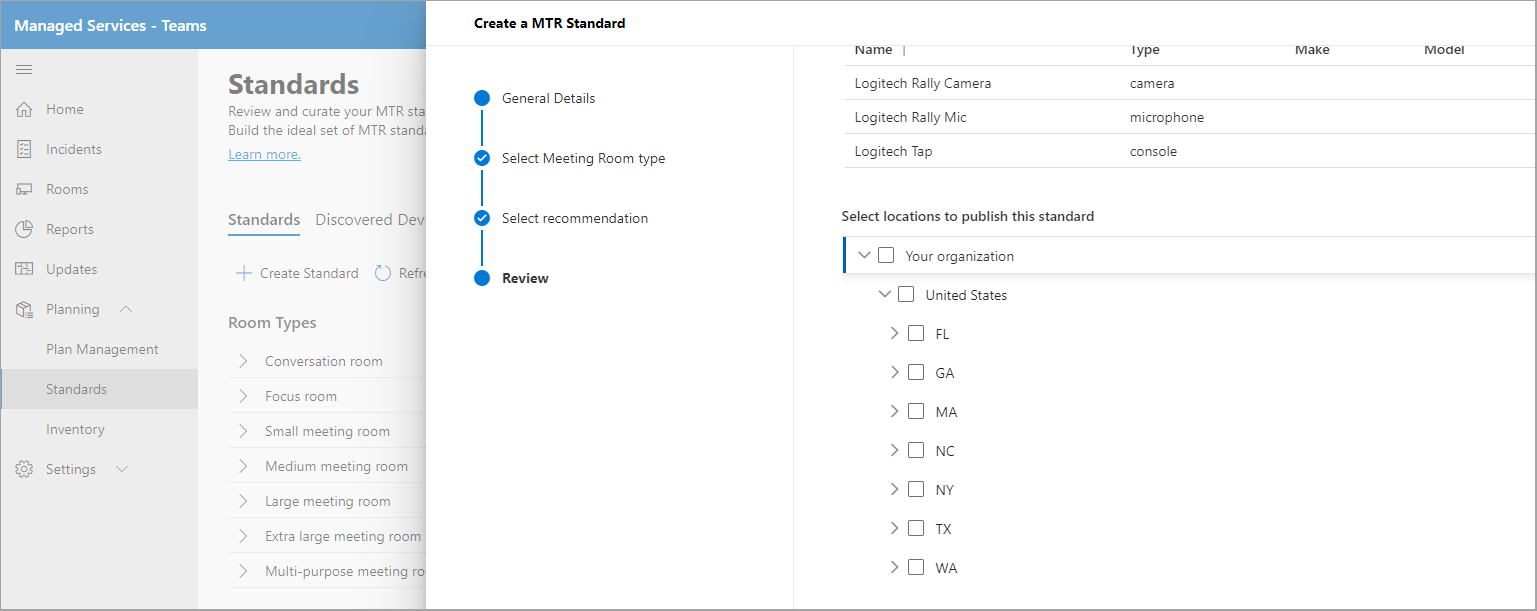 Screenshot of places to publish the standards.