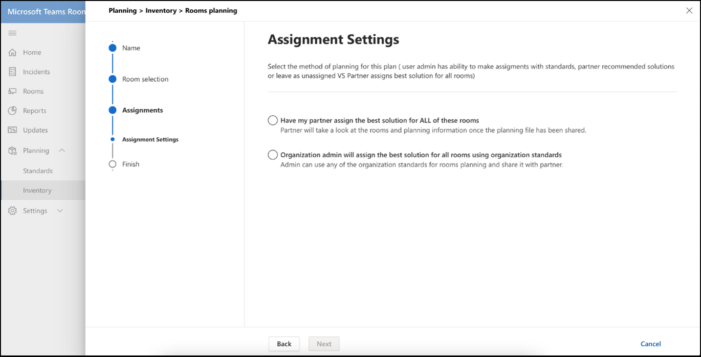 Screenshot of room planning method options