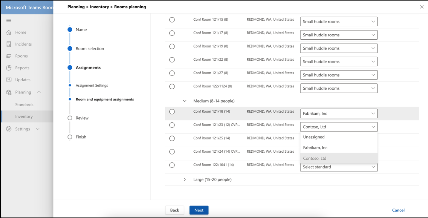 Screenshot of assigning standards to rooms