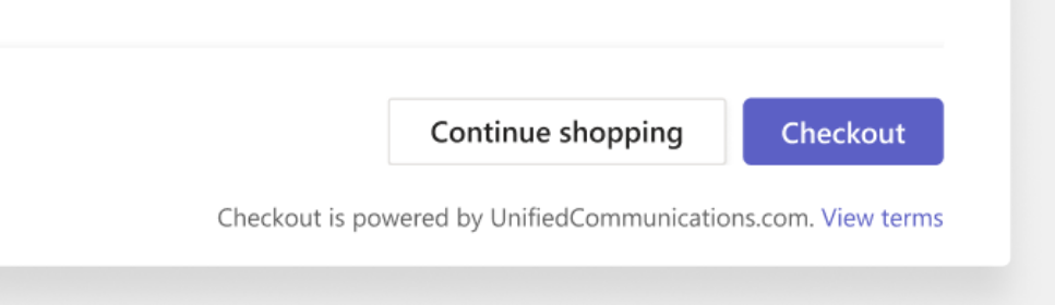 A screenshot of a portion of the Teams device store page with Checkout options provided by UnifiedCommunications.com, a third-party company that enables device purchasing from the Teams admin center.