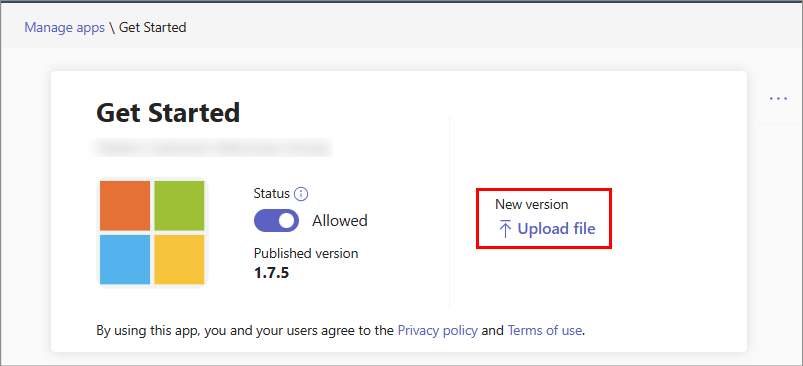 Screenshot showing the option to upload a new version of a custom app in admin center.