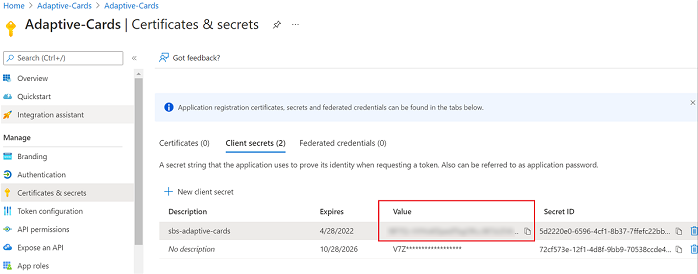 The screenshot shows how to save the client secret ID for future reference.