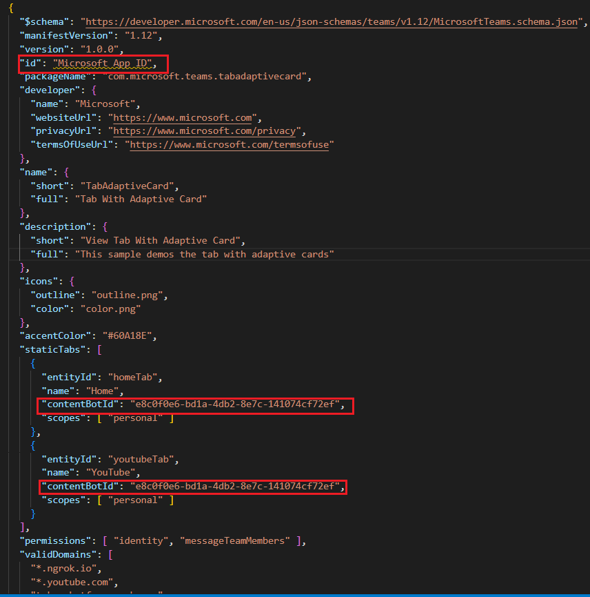 Screenshot of the manifest with ID and contentBotId attributes highlighted in red.