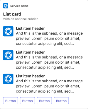 Example shows an Adaptive Card list card on mobile.