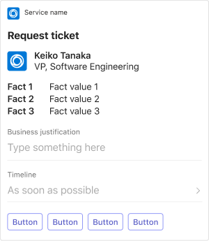 Example shows an Adaptive Card request ticket card on mobile.