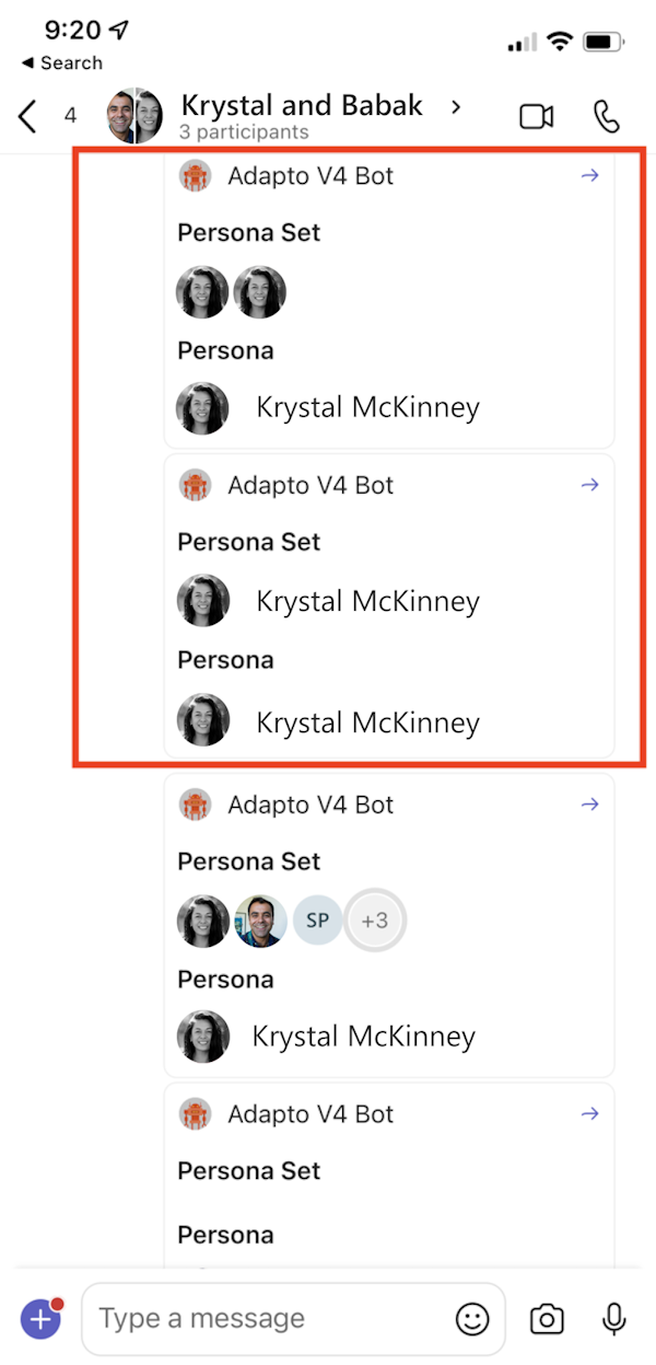 Screenshot shows an example of people icon in a persona and persona set in Teams mobile client.