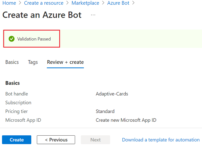 Screenshot shows how Azure bot validation passes.