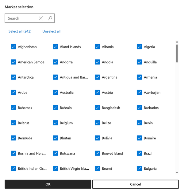 Screenshot shows the list of available countries or regions in Microsoft Partner Center.
