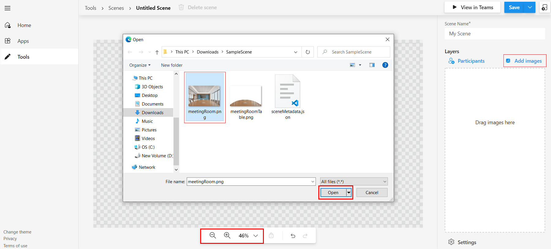 Screenshot shows the option to add images to the scene in scene studio.