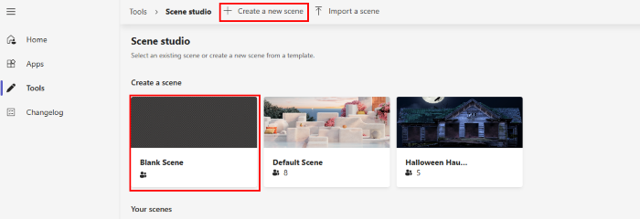 Screenshot shows the options to create a new scene in scene studio.