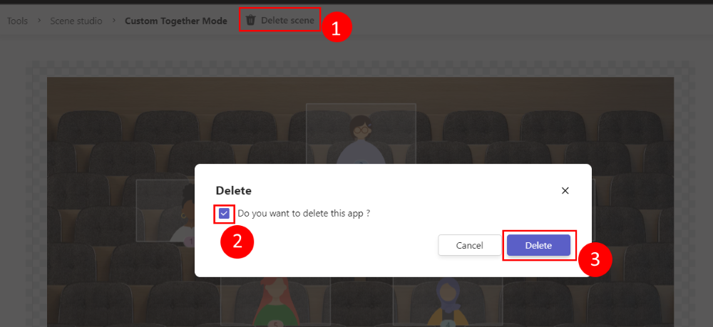 Screenshot shows the option to delete a scene in scene studio.