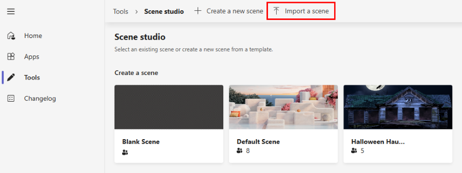 Screenshot shows the option to import a scene in scene studio.