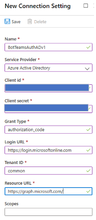 Screenshot shows how to add Teams bot auth bot identity connection adv1.