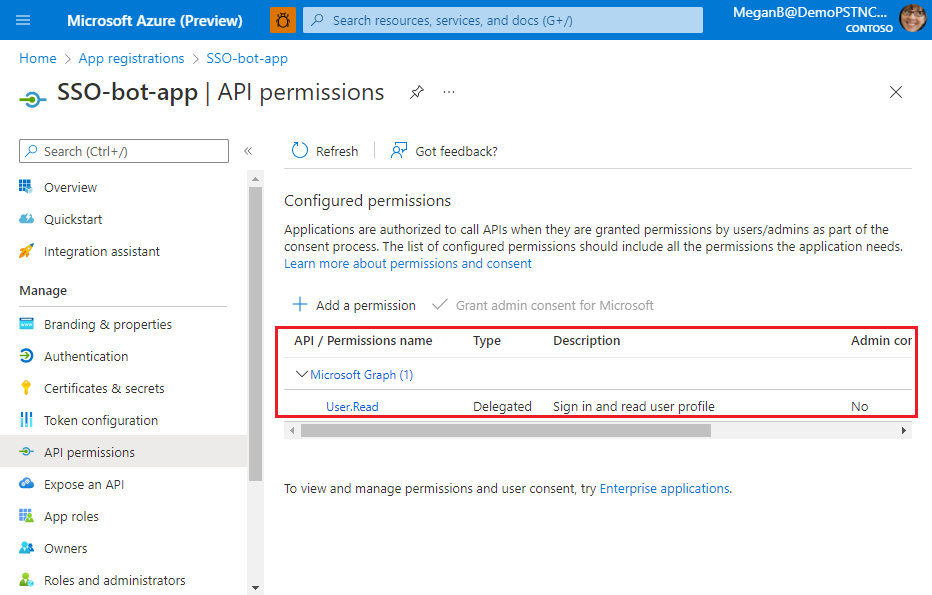 Screenshot shows the configured API permissions.