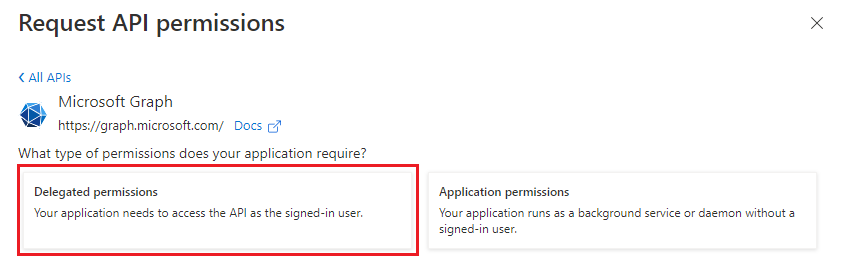Screenshot shows the Delegated permissions option highlighted.