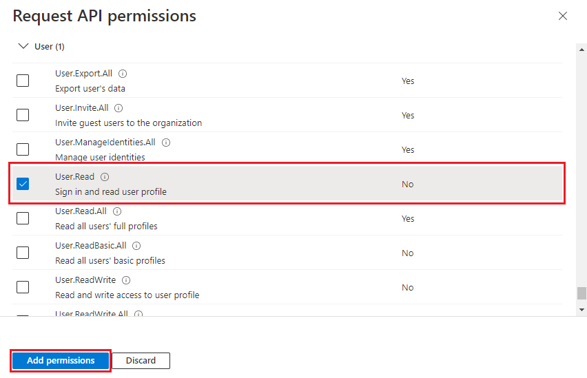 Screenshot shows the selection of permissions to add.