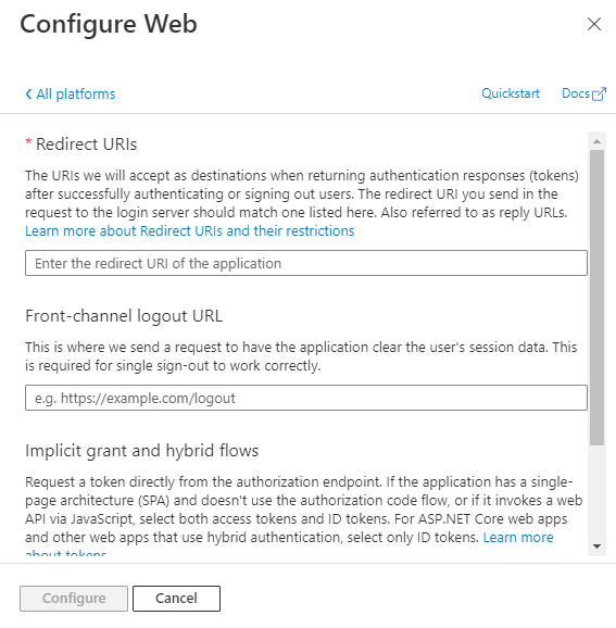 The screenshot for configuring web platform.