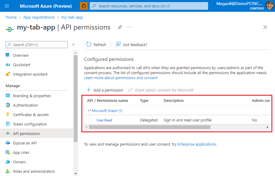 The screenshot shows an example of the API permissions, which are configured.