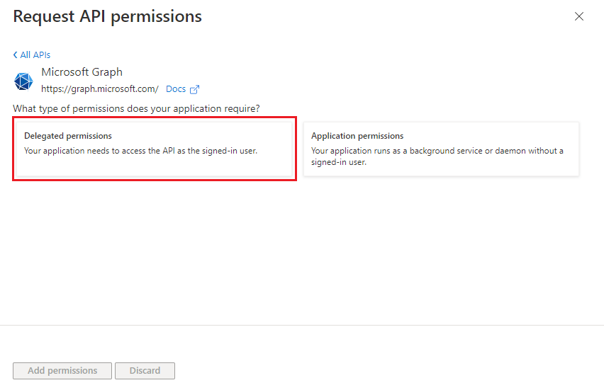 The screenshot shows the delegated permissions.