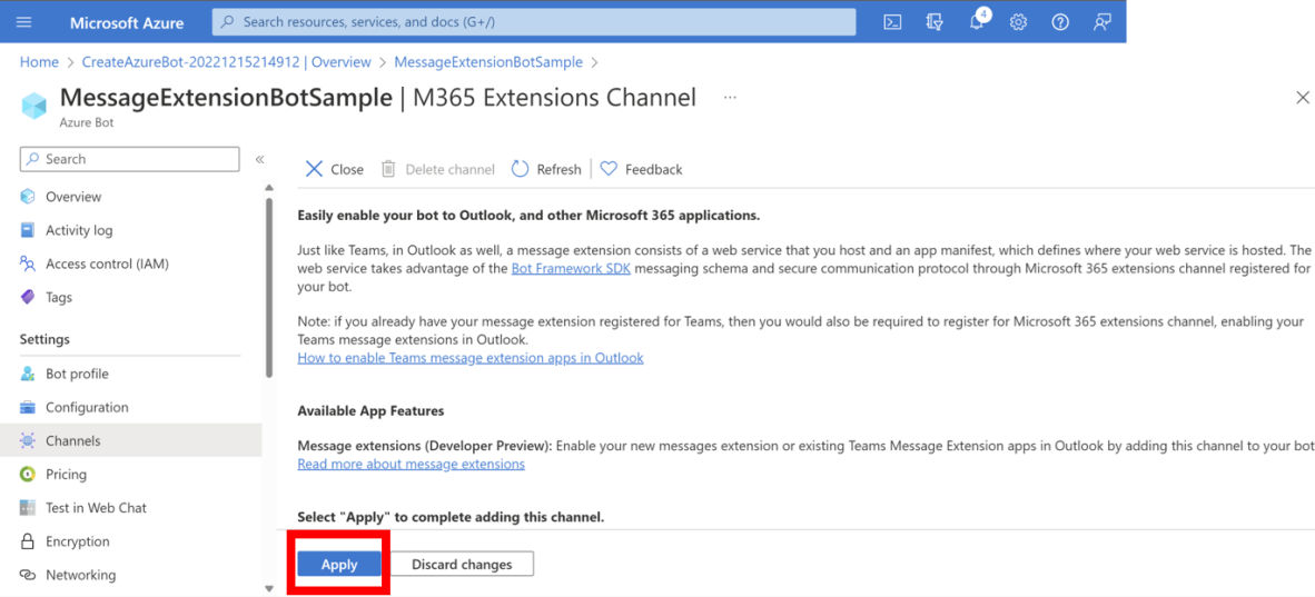 Screenshot shows the Microsoft 365 Message Extensions channel for your bot from the Azure Bot Channels pane.