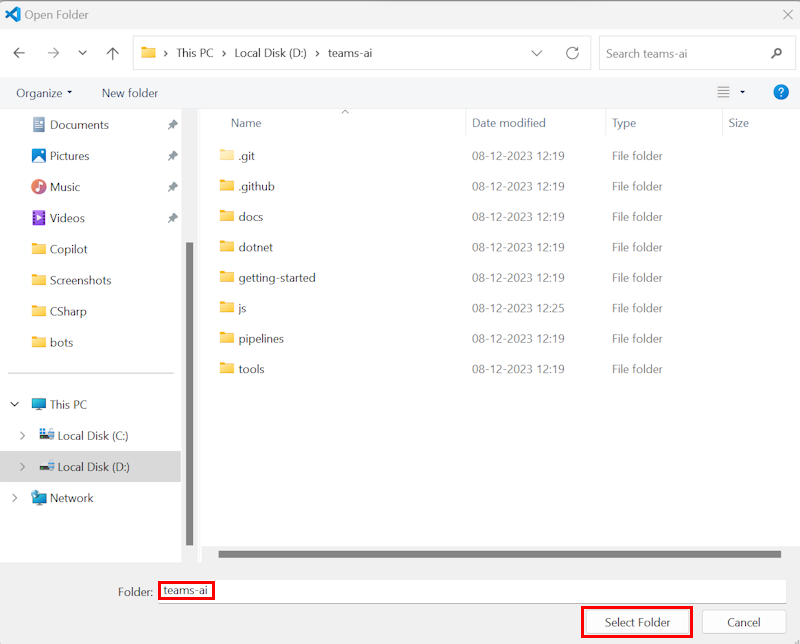Screenshot shows the teams-ai folder and the Select Folder option.