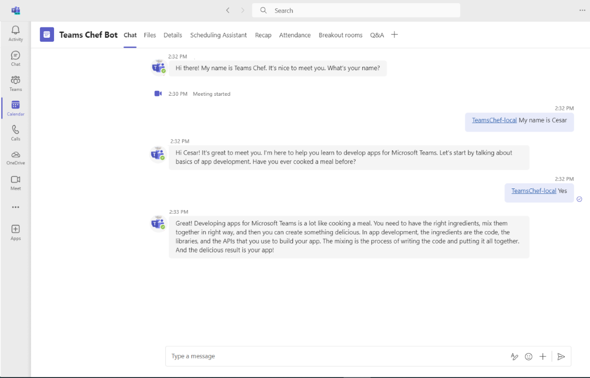 Screenshot shows an example of conversation with Teams chef bot in Teams.