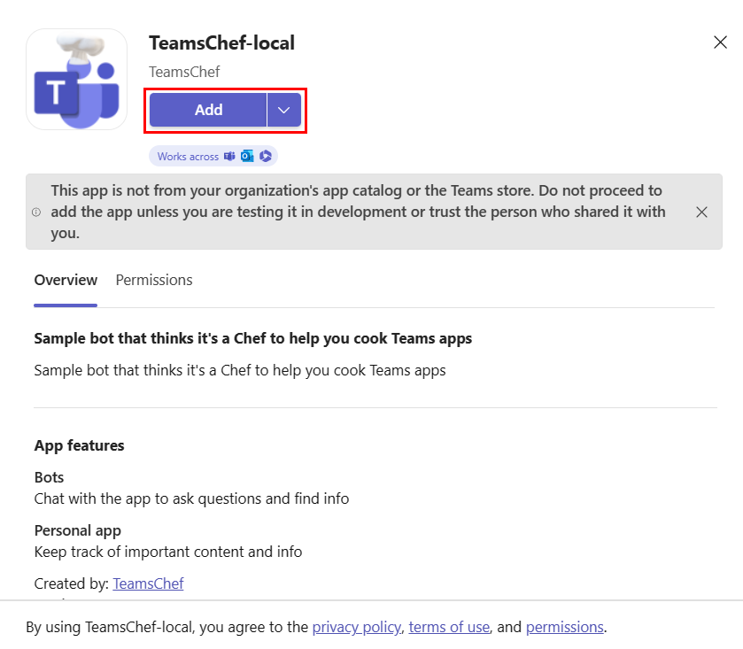 Screenshot shows the add option to add the app to Microsoft Teams.