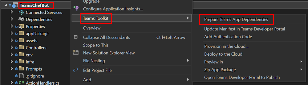 Screenshot shows an example of the Prepare Teams app Dependencies option under Teams Toolkit section in Visual Studio.