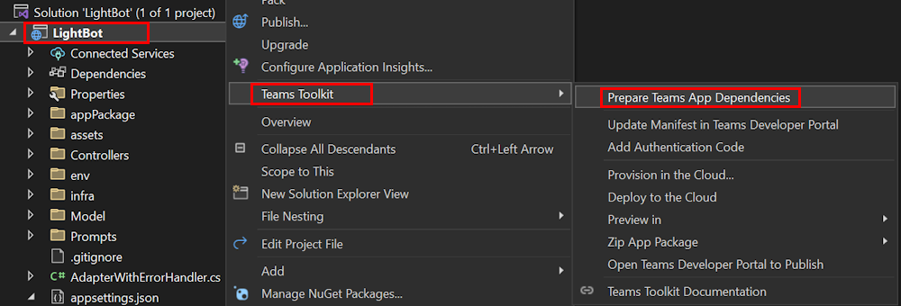 Screenshot shows an example of the Prepared Teams app Dependencies option under Teams Toolkit section in Visual Studio.