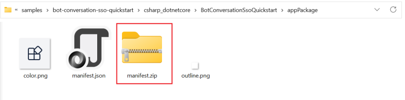 Screenshot of Manifest folder with the Teams Bot zip folder highlighted in red.