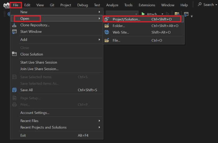 Screenshot of Visual Studio file menu. The menu entries titled Open under File menu and Project/Solution under Open are highlighted in red.