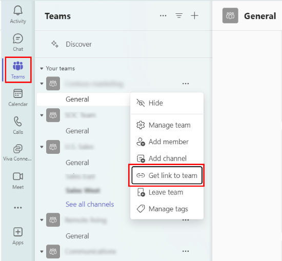 Screenshot of Teams with Get link to Team under overflow menu highlighted in red.
