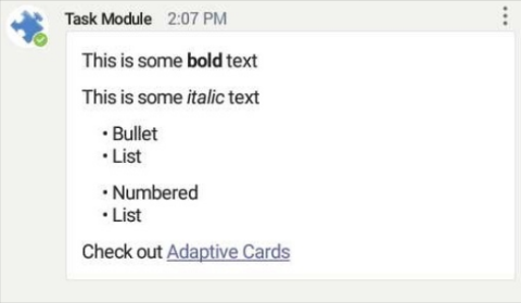 Screenshot shows an example of Adaptive Card Markdown formatting in Teams android Platform.