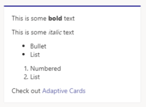 Screenshot shows an example of Adaptive Card Markdown formatting in Teams desktop client.