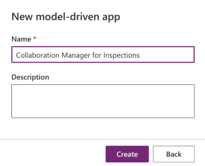 Screenshot is an example that shows add the Collaboration manager for inspection and create a new model-driven app.