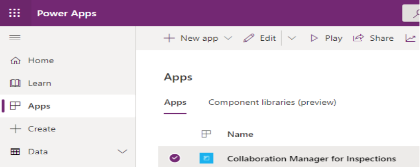 Screenshot shows to run your power app by selecting Collaboration manager for inspections.