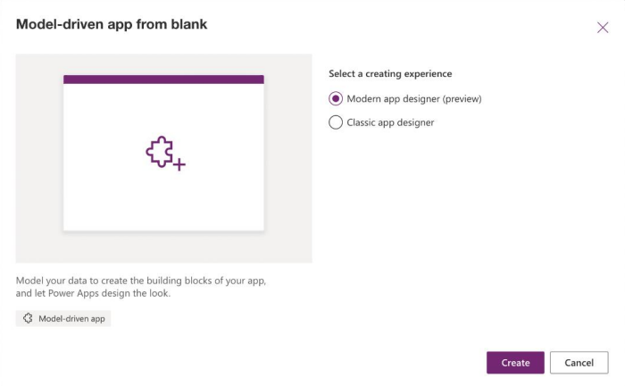 Screenshot is an example that shows the new model driven app blank and you can select a creating experience.