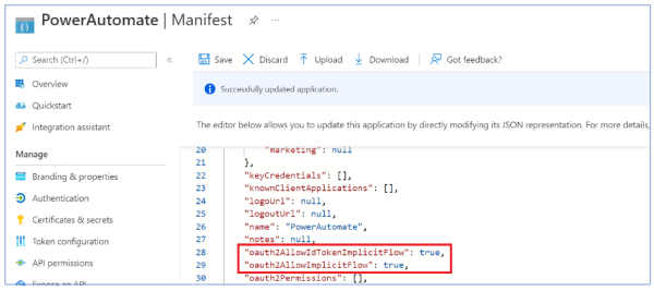 Screenshot shows the Power Automate manifest.