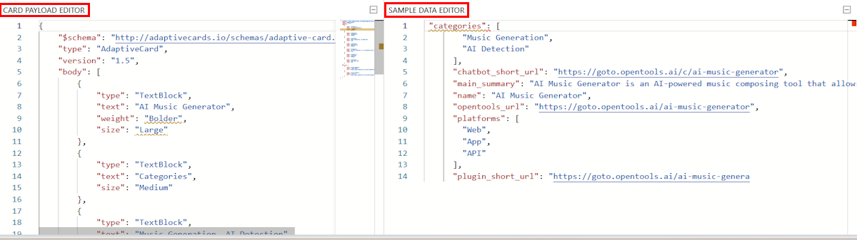 Screenshots shows the Adaptive Card designer with the Adaptive Card template and the sample data.