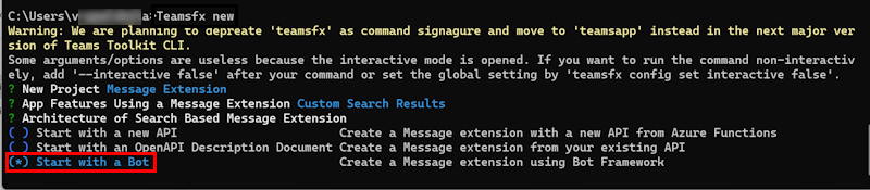 Screenshot shows the message extension, custom search results and start with a bot option selected in the CLI window.