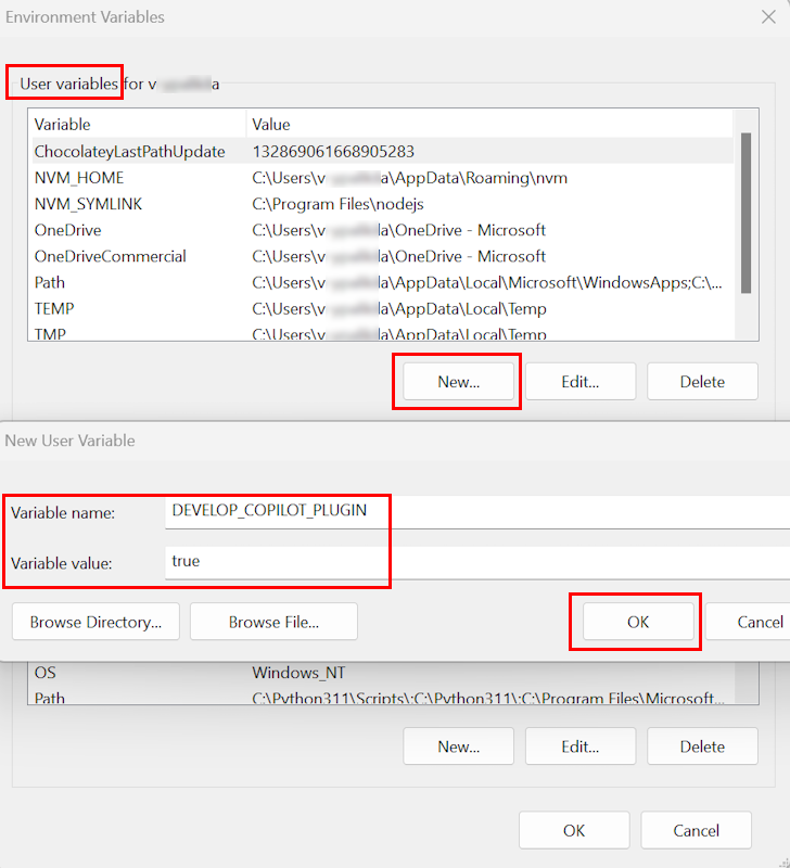 Screenshot shows the Variable name and Variable value fields in the New User Variable dialog.